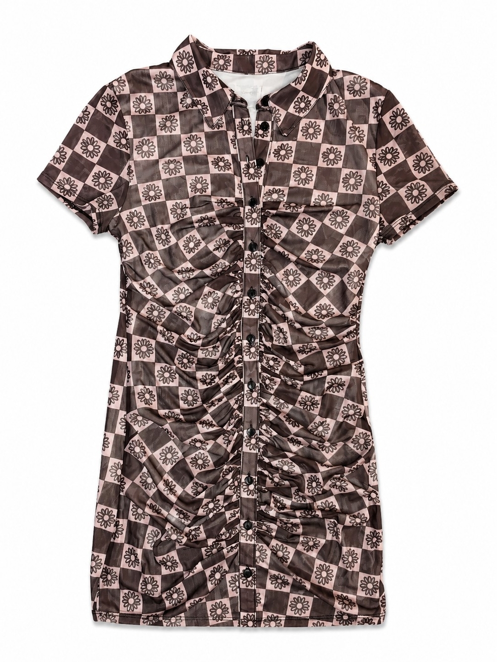 Urban Outfitters Brown and Pink Checkerboard Ruched Mini Dress